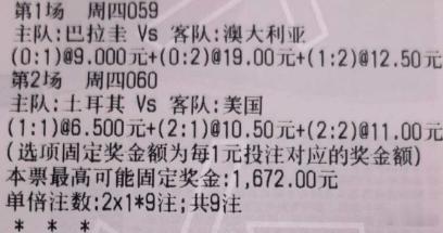 贪总足球：2串：059 世界杯 巴拉圭vs澳大利亚060 世界杯 土耳其vs美国