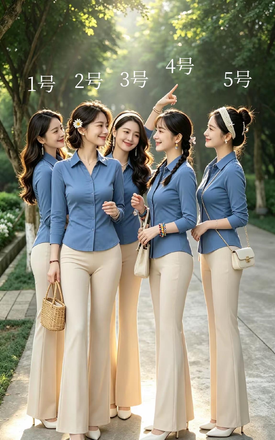 1号端庄优雅，2号雍容华贵，3号冰清玉洁，4号阳光靓丽，5号温柔可爱。我选4号，