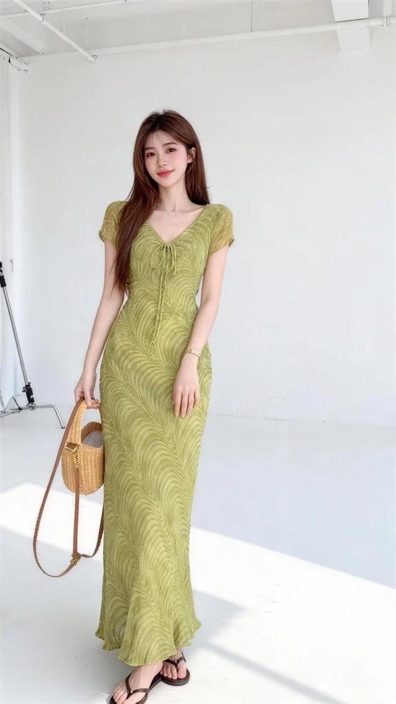 五一到啦～度假小裙必须安排上舒适度假裙 嫩绿色连衣裙 绿色碎花连衣裙 荷叶边长裙