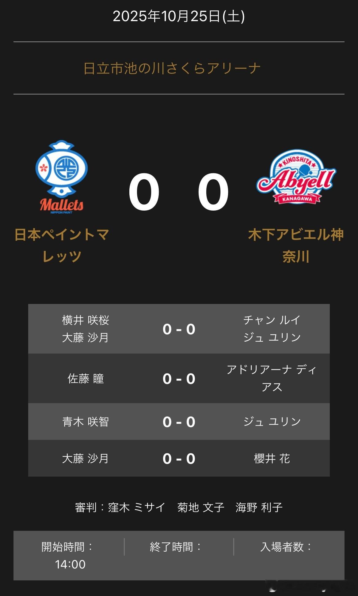 T联赛 13:00 日本涂料🆚木下神奈川 对阵表大藤沙月/横井咲樱🆚张瑞/朱