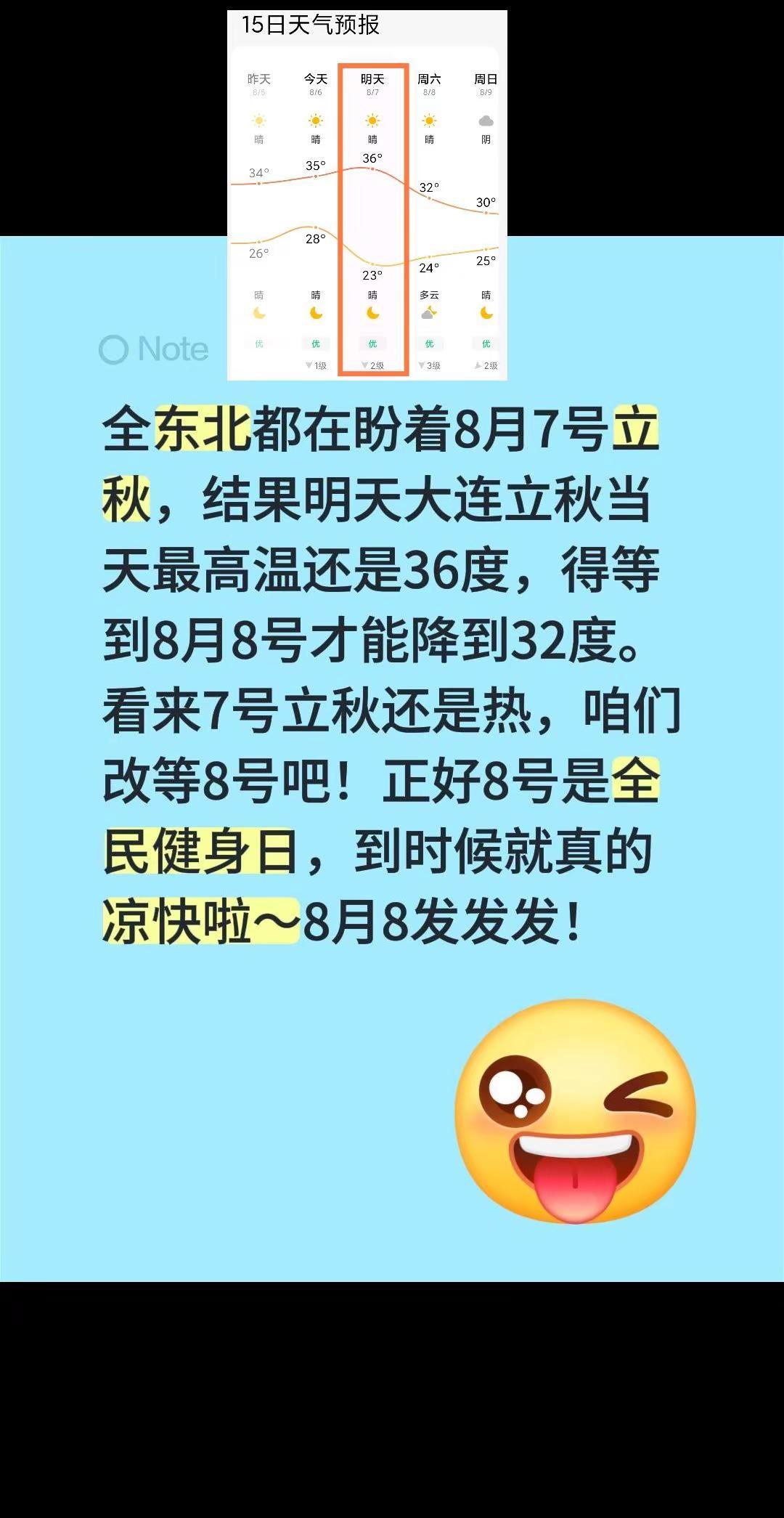 全东北都在盼着8月7号立秋，结果明天大连立秋当天最高温还是36度，得等到8月8号
