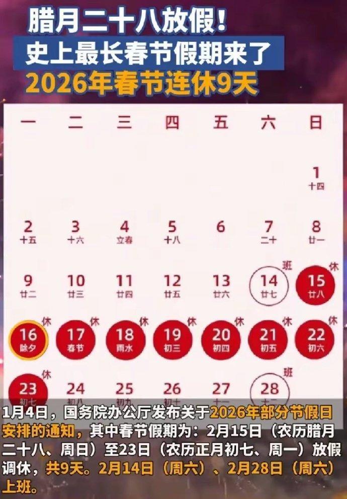 一是长达9天，
二是腊月二十八就开始放了。
​什么时候只放假，不调休才是最合理的