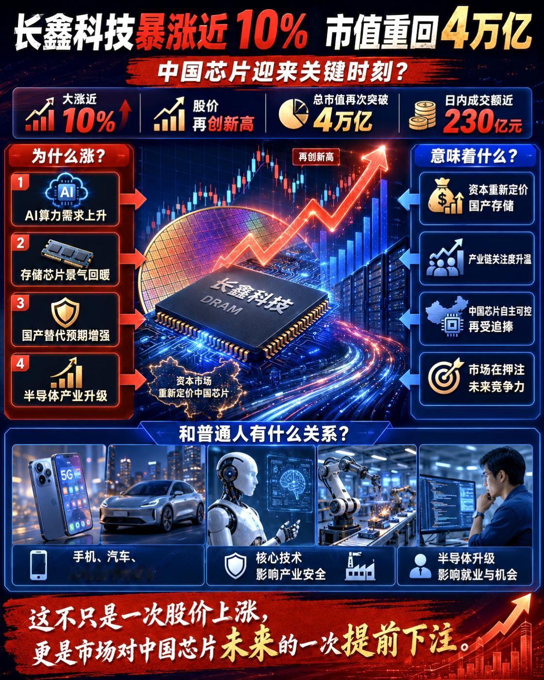 今天A股传来一个重磅信号：长鑫科技股价大涨近10%，再创新高，市值重新突破4万亿