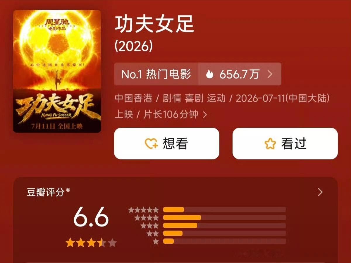 功夫女足豆瓣开分6.6目前票房已经破3亿，我预感能破10亿，毕竟这个市场很枯燥，