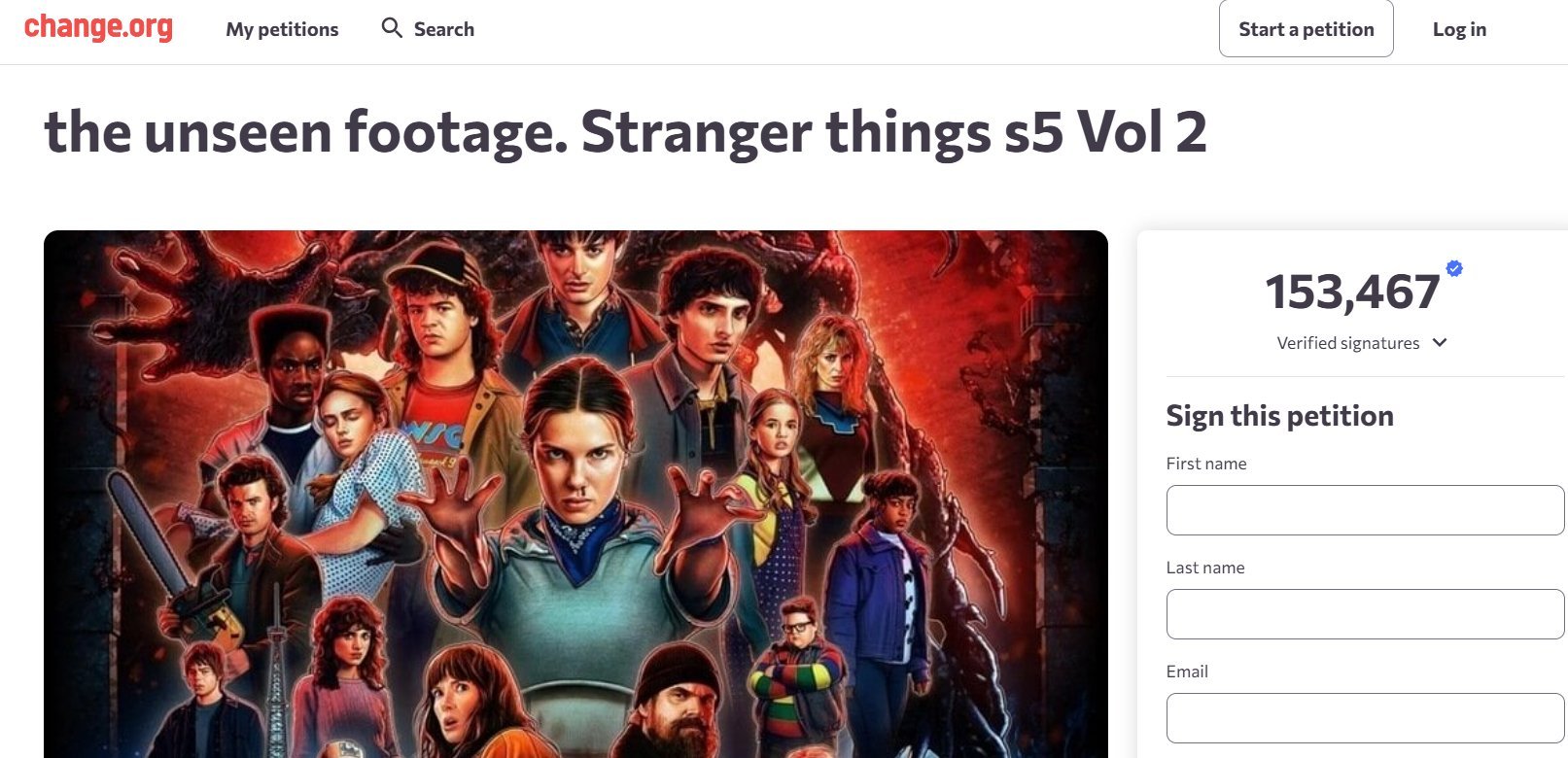 据报道，超过153000人签署了一份请愿书，敦促Netflix发布《怪奇物语》第