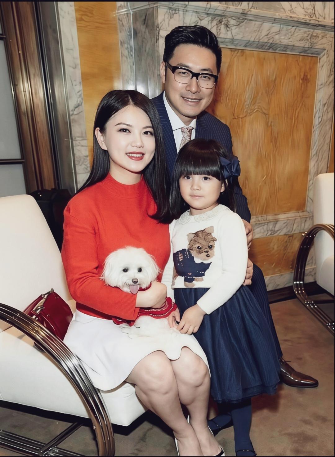 李湘、王岳伦和女儿王诗龄早年的全家福，李湘一身红色上衣搭配白裙，笑容甜美！脸颊圆