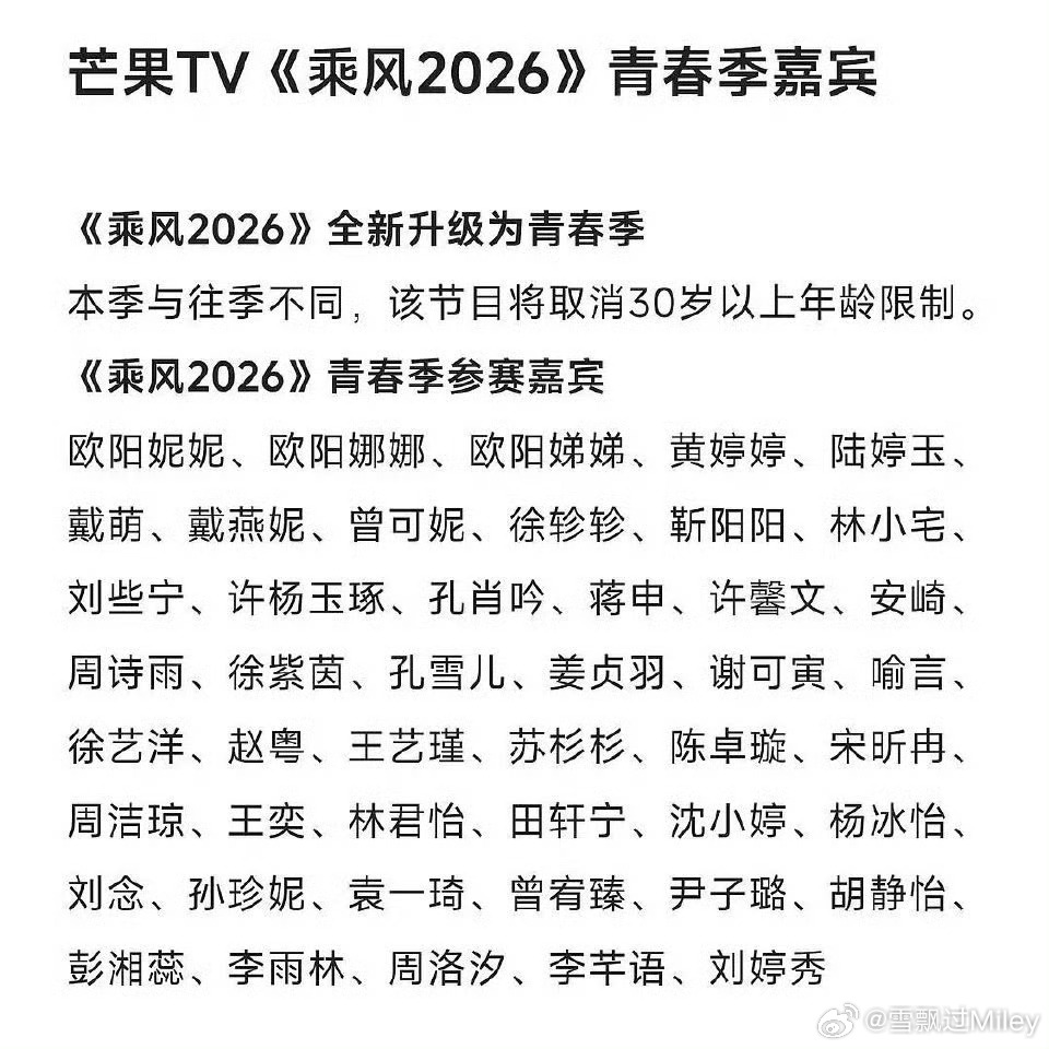 网传乘风2026将取消嘉宾年龄限制网传名单，已经改变最初的立意了，都不如换个名字