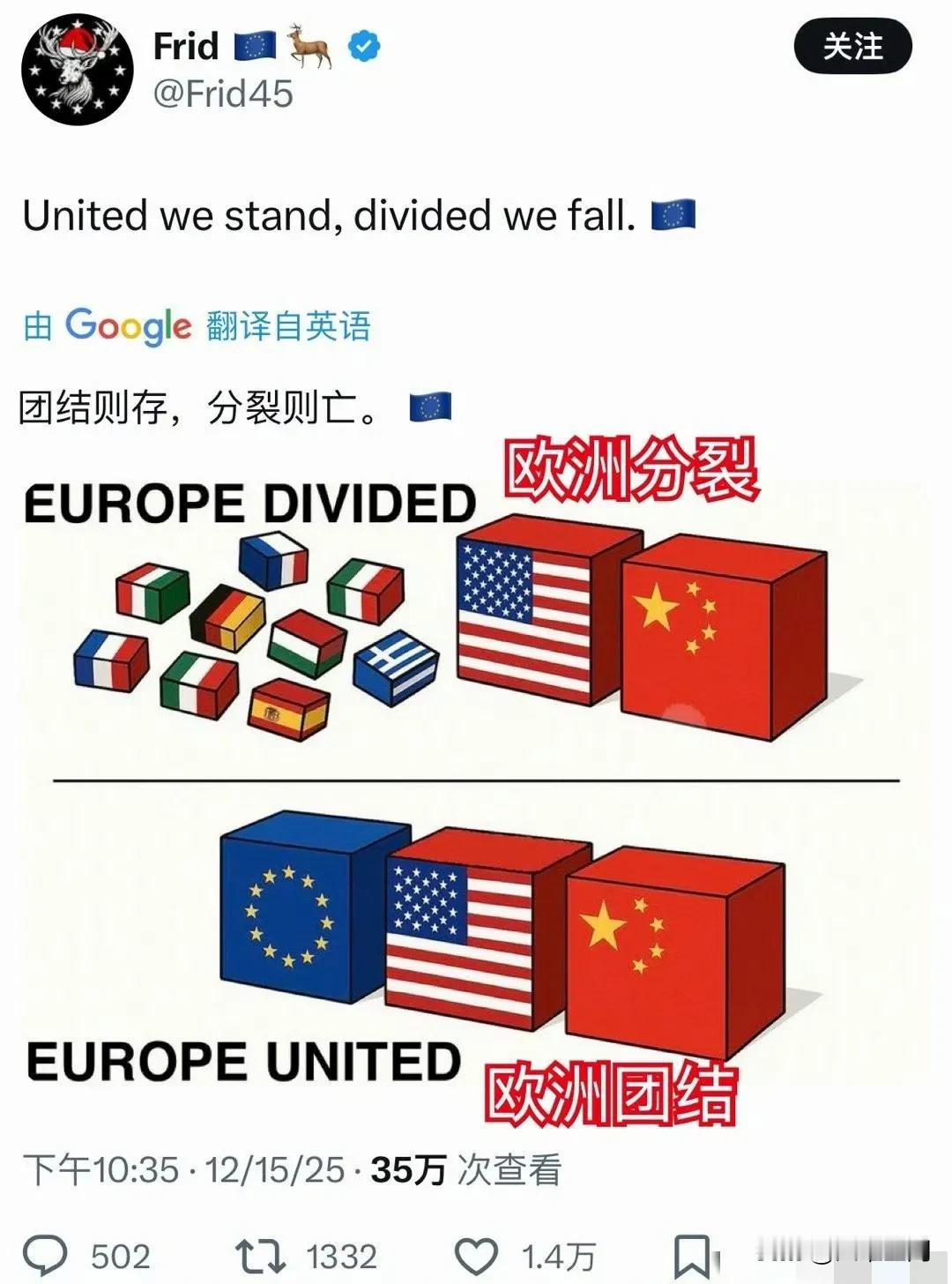 欧盟网友称欧盟团结则存，分裂则亡，以此来呼吁欧盟要团结，才能成为世界的一极！其实