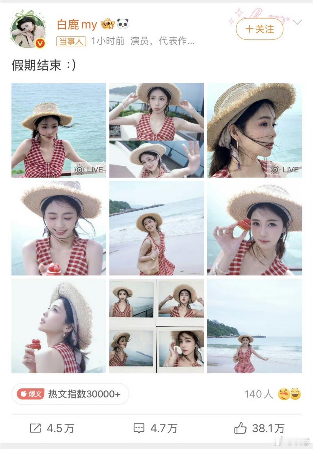 白鹿海边度假白鹿海边氛围感写真狠狠出圈！一身复古红格吊带裙搭配宽檐大草帽，慵懒松