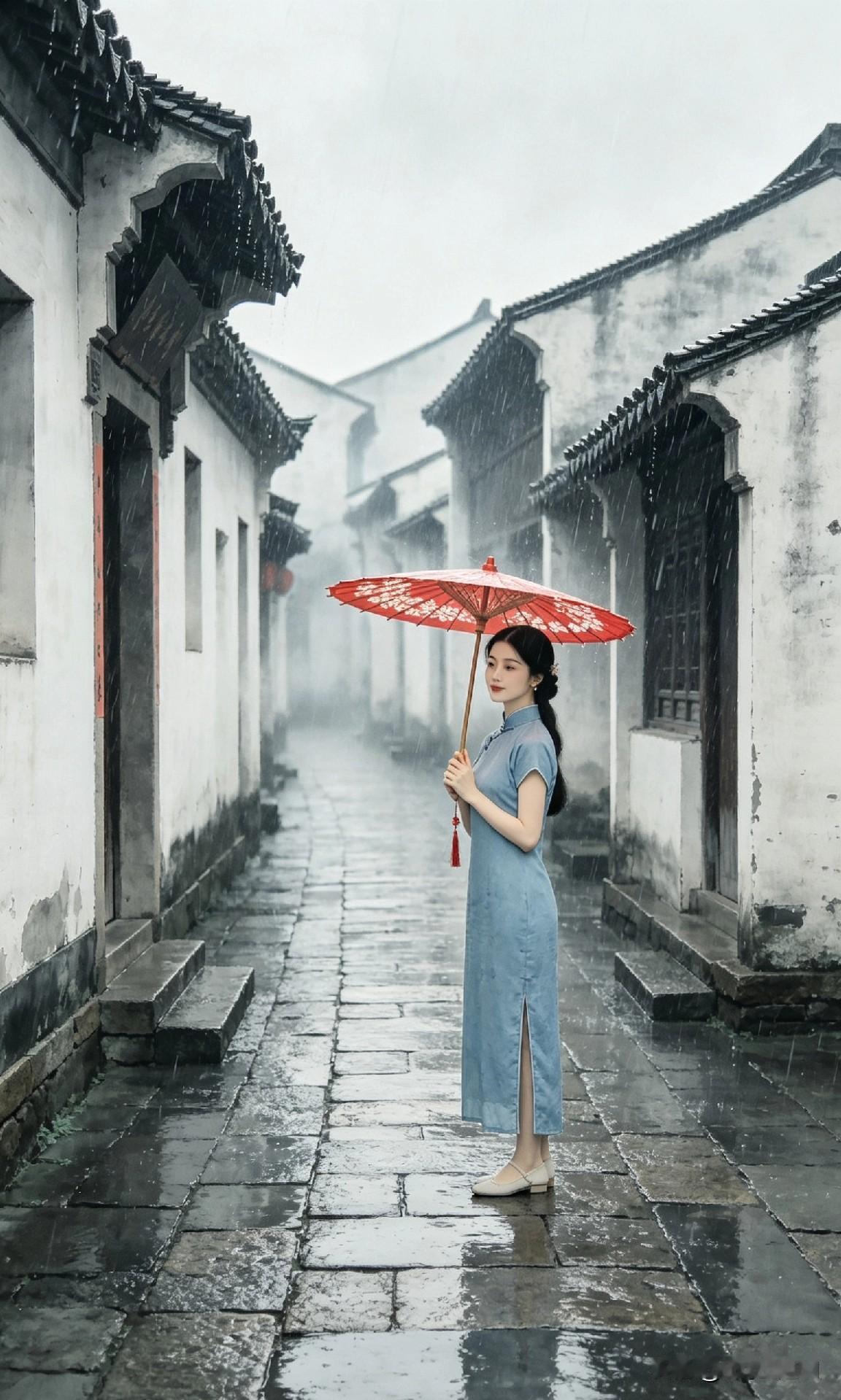 我出下联：枫桥夜泊渔火船。
  雨巷青阶油纸伞，寥寥数字便勾勒出一幅朦胧婉约的江