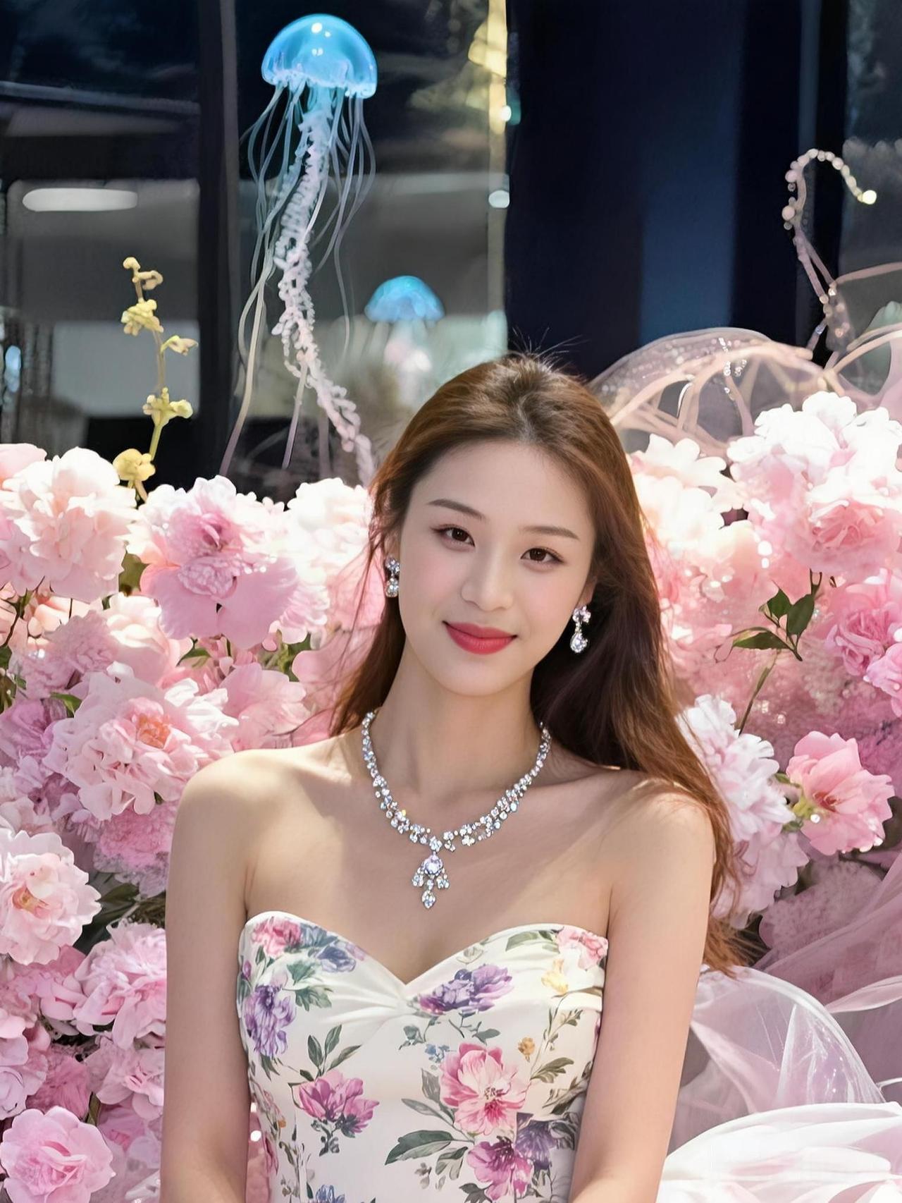 粉玫漫过布景的轮廓
气球像浮在百合浪里的云
你裹着纱裙的轻
像朵半醒的白玫，
顺