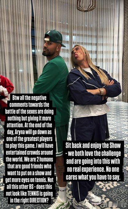 尼克·克耶高斯回应了对他与阿瑞娜·萨巴伦卡即将开始的“性别大战”比赛的批评：“最