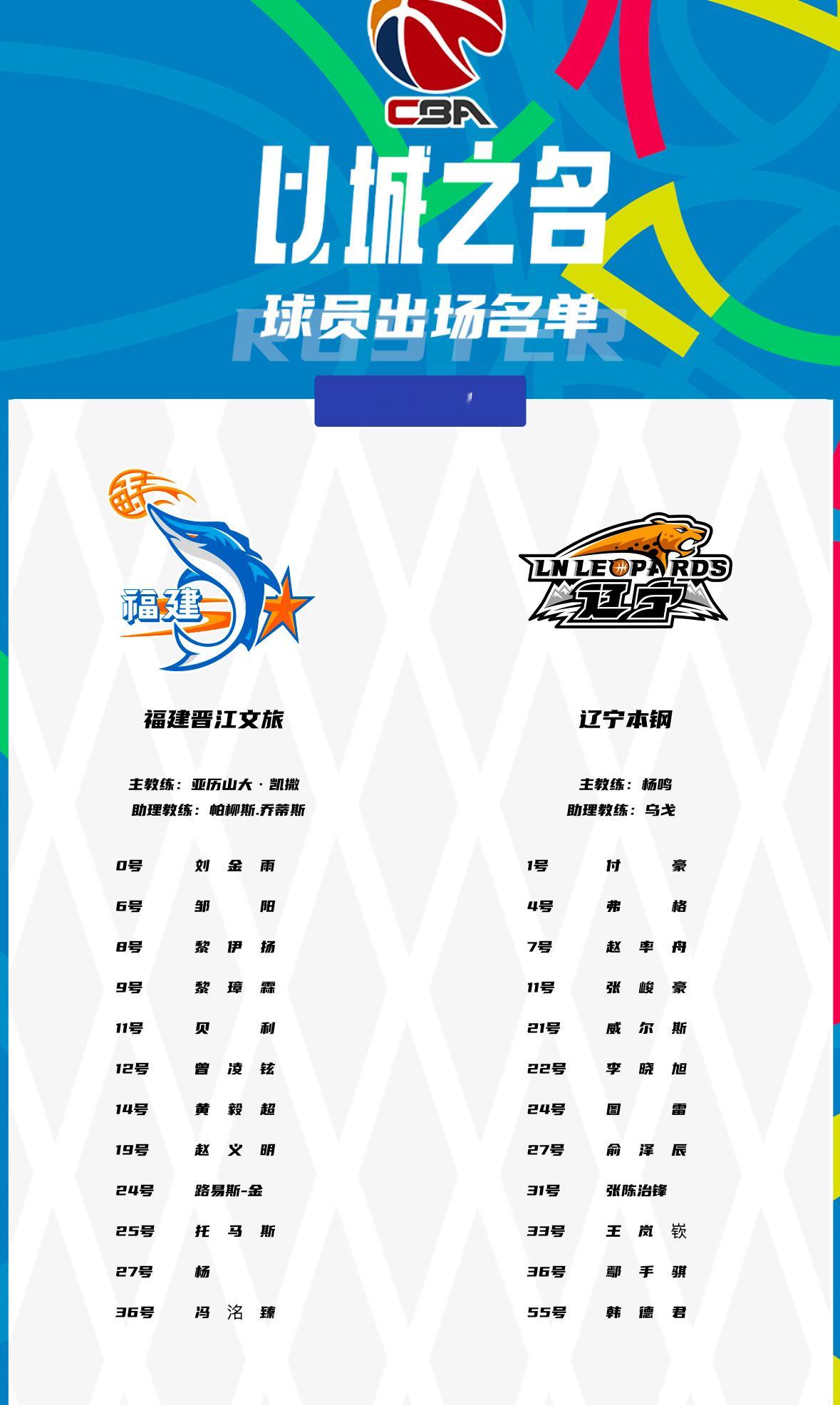 今晚辽宁客场对福建赛前双方大名单张陈治锋复出 