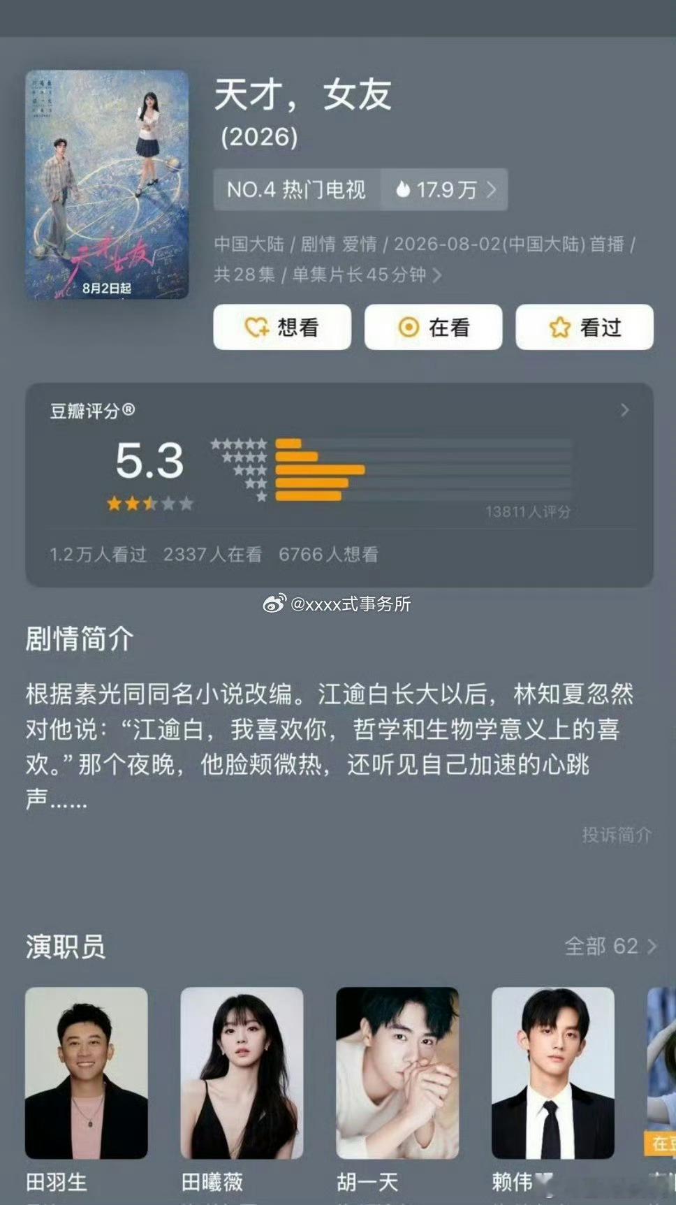 田曦薇、胡一天《天才女友》豆瓣开分5.3 
