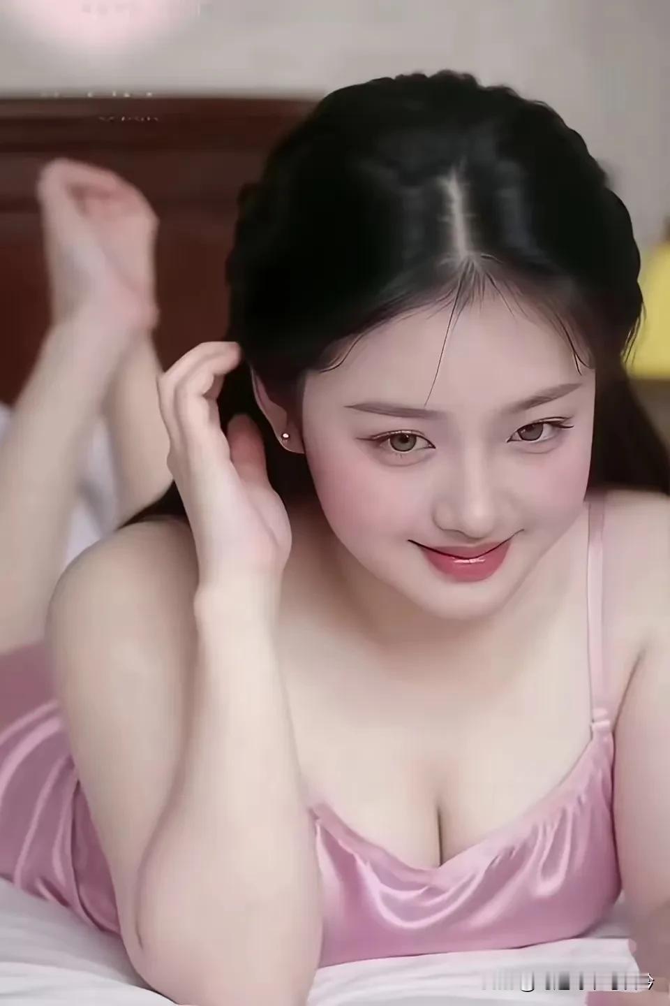 美丽佳人，身着粉色睡衣，轻裹曼妙娇躯，与那泛着淡淡桃晕的脸蛋相互映衬，更添几分妩