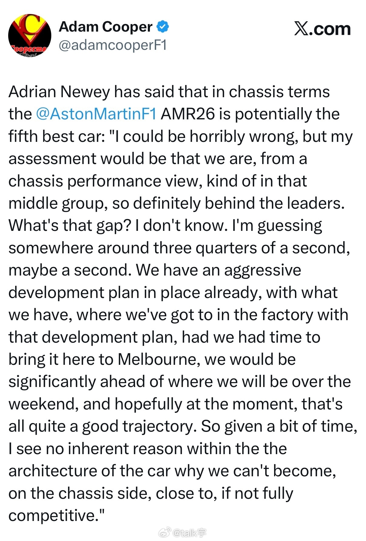纽维表示：“阿斯顿马丁AMR26单看底盘的话能排在第五，差距大约单圈0.75秒，