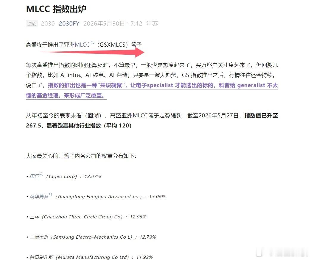 高盛推出亚洲MLCC指数 