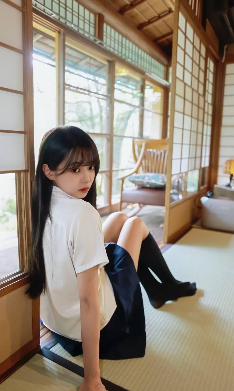 少女静坐榻榻米窗外绿意盎然美少女 分享美少女倩影 窗边静谧写真