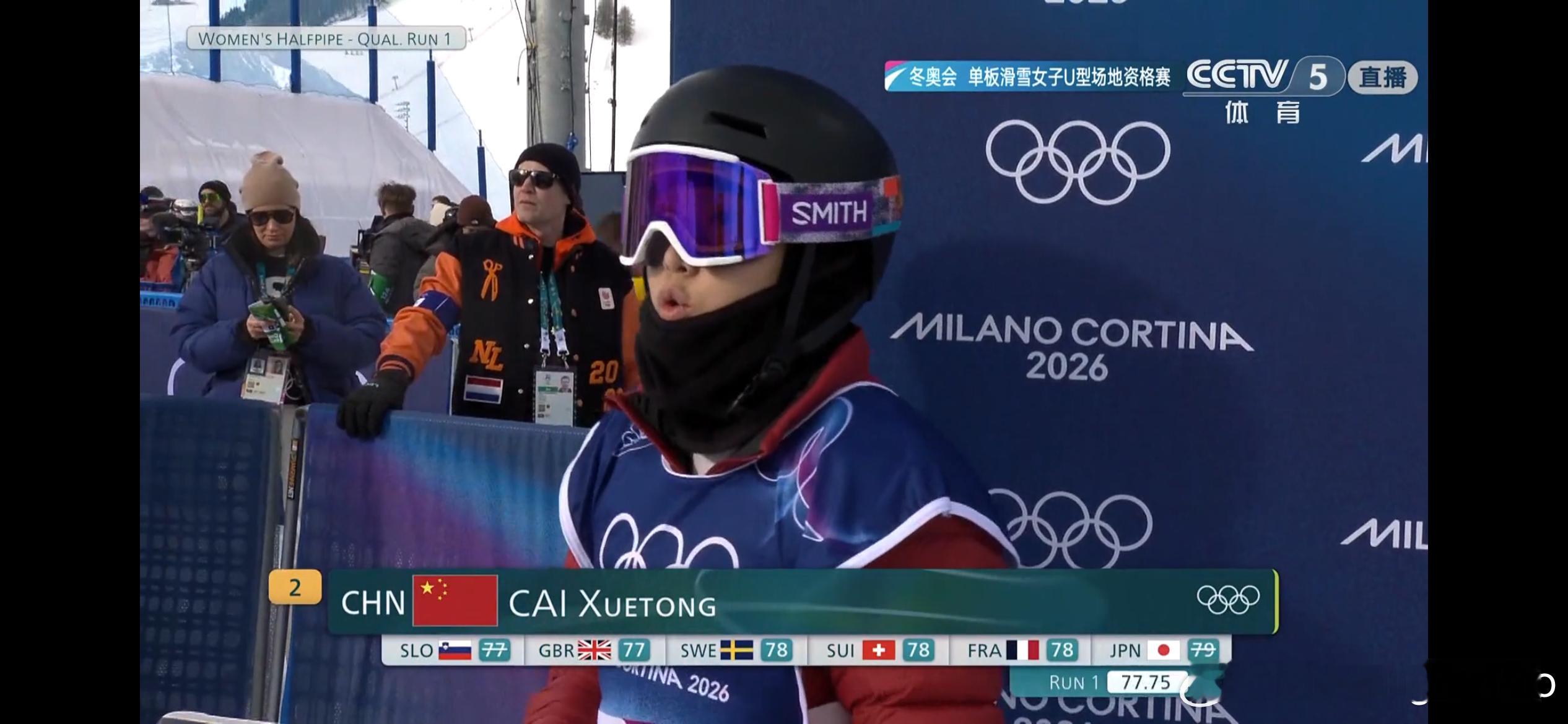 单板滑雪女子u型场地技巧预赛🇨🇳蔡雪桐第一轮77.75分第五次征战冬奥会，加