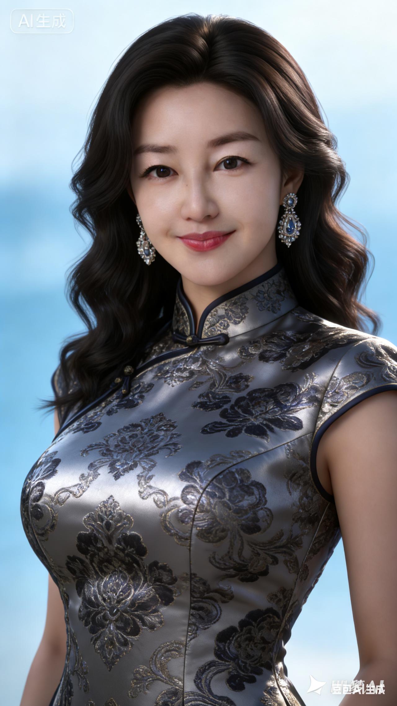 绝色成熟佳人身着暗纹精致锦绣旗袍，乌黑微卷长发披肩。肌肤无瑕晶莹剔透，身姿婀娜娉