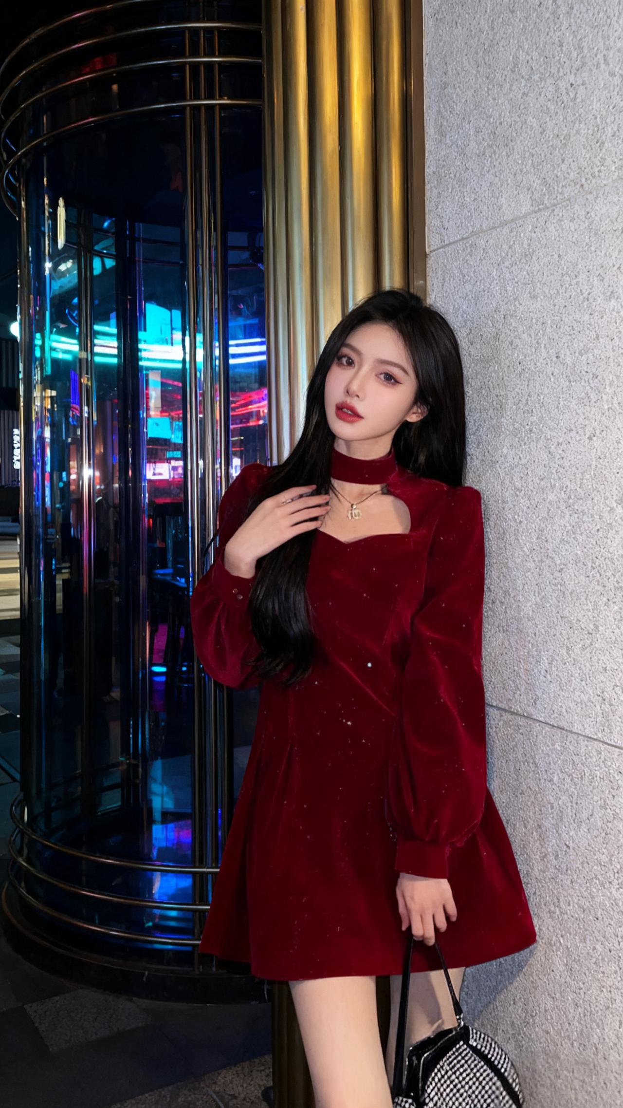 连衣裙丝绒新年穿搭 温柔穿搭 红色连衣裙