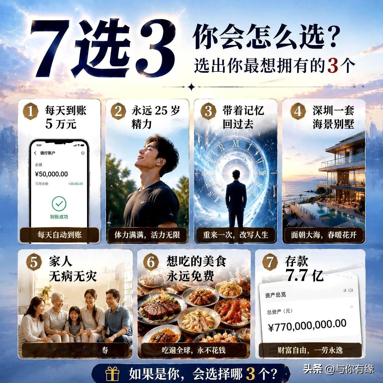 7选3，这题真挺难。
每天到账5万，听着是爽，可钱来得快，心也未必能跟着踏实；永