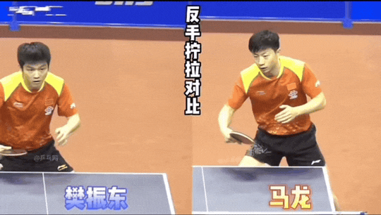 樊振东和马龙同样的反手拧拉，虽然力量和速度上樊振东要稍许占优，
有人对比国乒选手