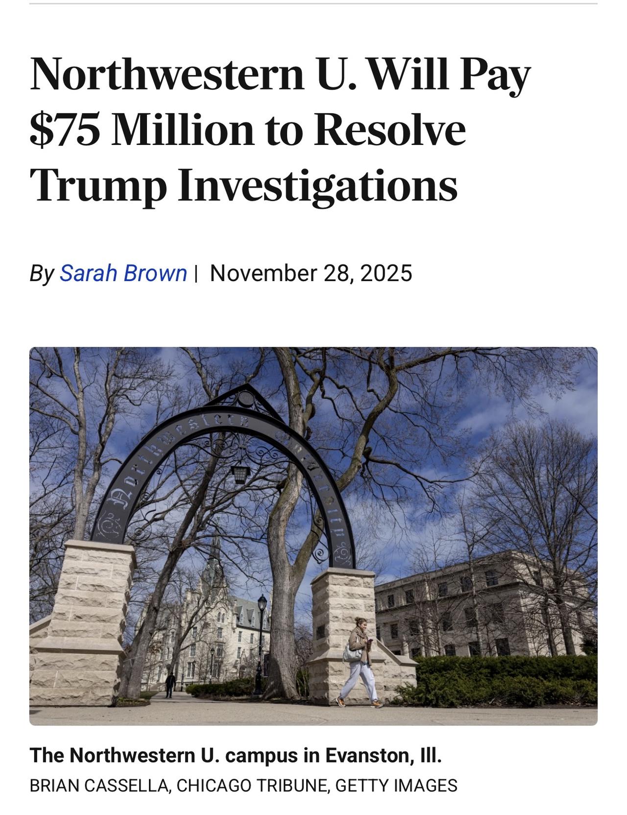 当地时间周五，美国西北大学与特朗普政府达成协议，三年内向美国财政部支付7500万