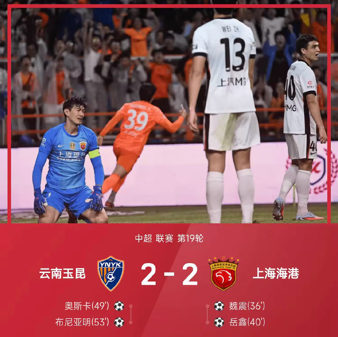 26赛季中超联赛第19轮，云南玉昆2-2战平上海海港。上半场安佩姆破门被吹，魏震
