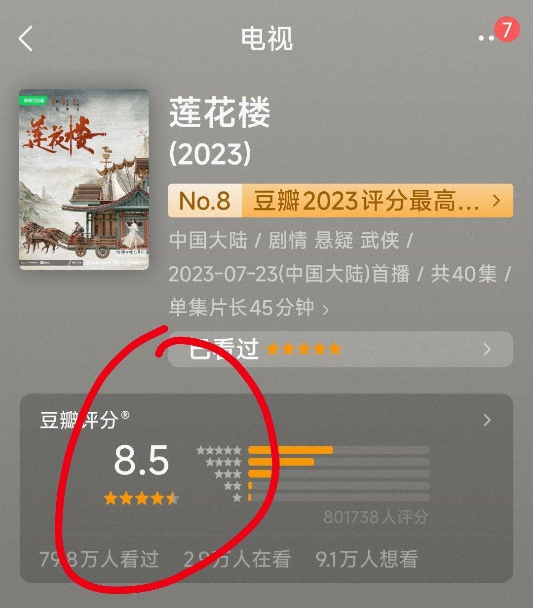 莲花楼豆瓣评分人数突破80万 号称第一顶流的戏评论人数也才30万，这证明成毅主演