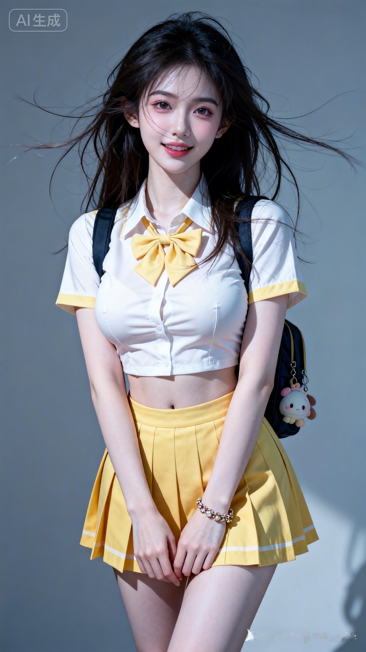 江南少女着玫白黄制服，背小巧背包，樱花树下侧光氛围感拉满，冷白陶瓷嫩肌，幼态网感