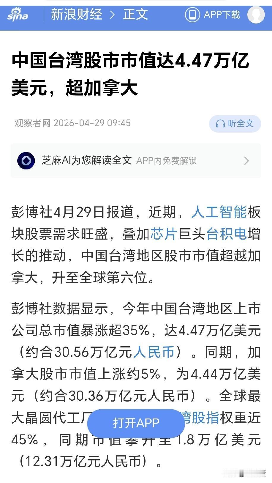观察者网消息
台湾股市再创历史新高