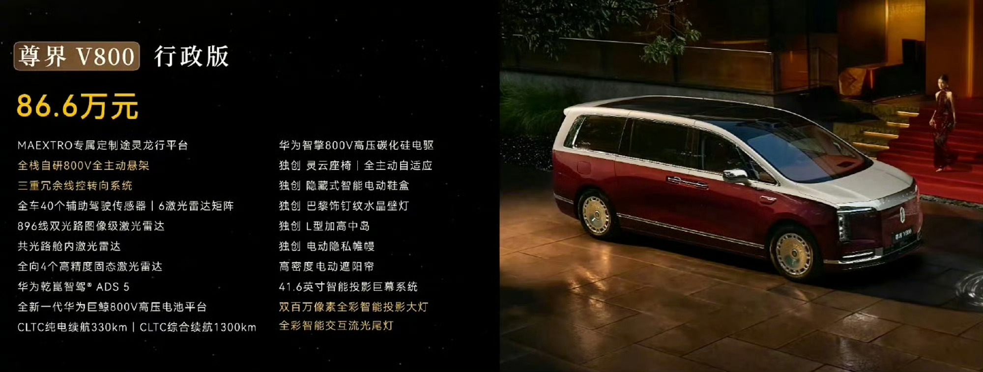 尊界V800官方售价尊享版：76.6万元行政版：86.6万元领航版：101.6万