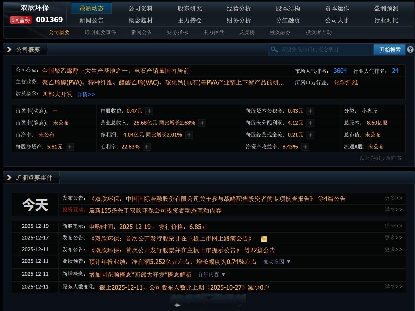 【12月19日新股申购】3只申购双欣环保    主营聚乙烯醇(PVA)、特种纤维