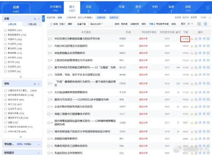杨某某的硕士毕业论文《中印生育行为影响家庭暴力的经济学分析》，其下载量已经登顶武