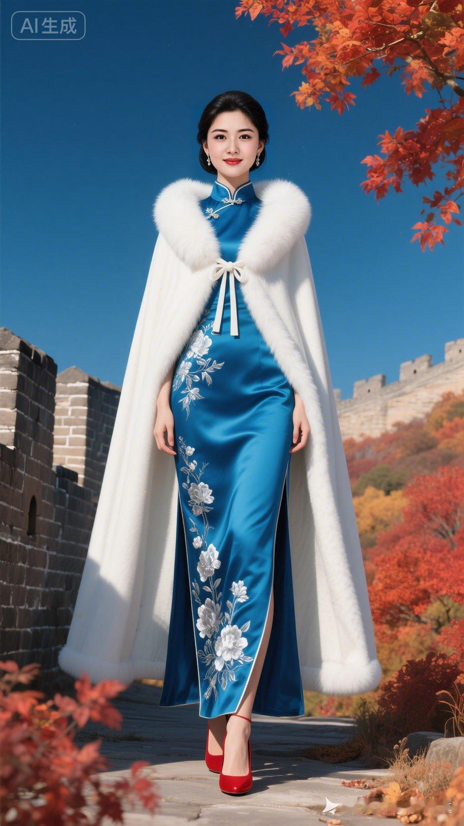 秋日长城上，旗袍与红叶相映成趣，古典与现代的完美融合。