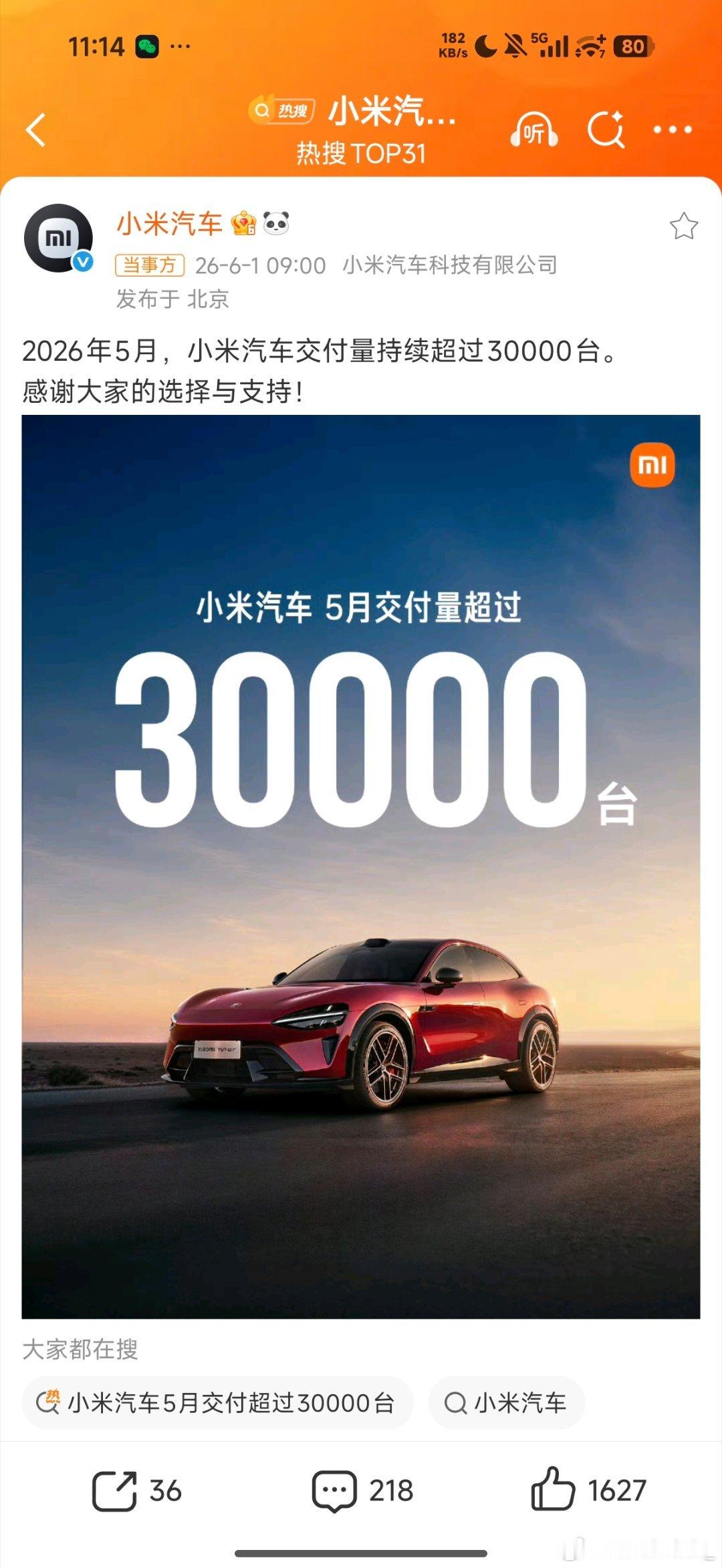五月小米汽车的销量出来了:小米汽车5月交付超过30000台，看起来和上个月差不多
