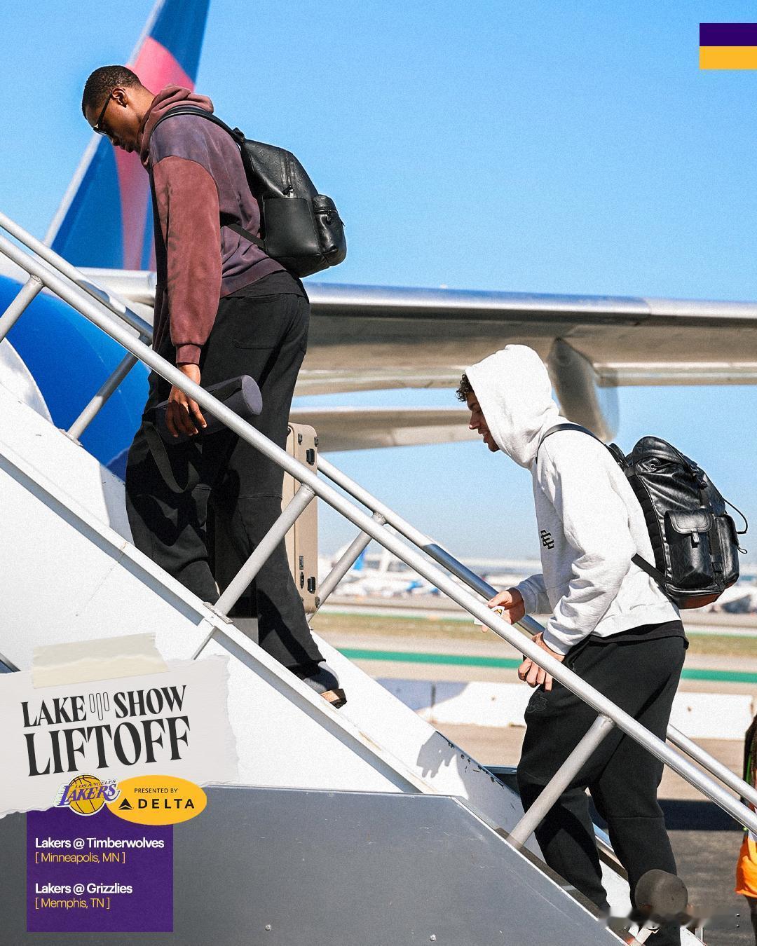 湖人有大动静！官方Ins更新球员登机照，接下来要客场对阵森林狼和灰熊。明日9:3