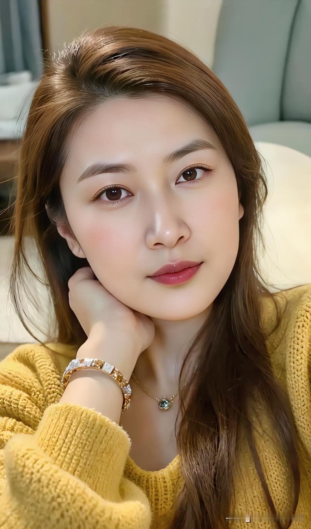 金衫倚手托腮，眸光清澈，温柔自有光芒。