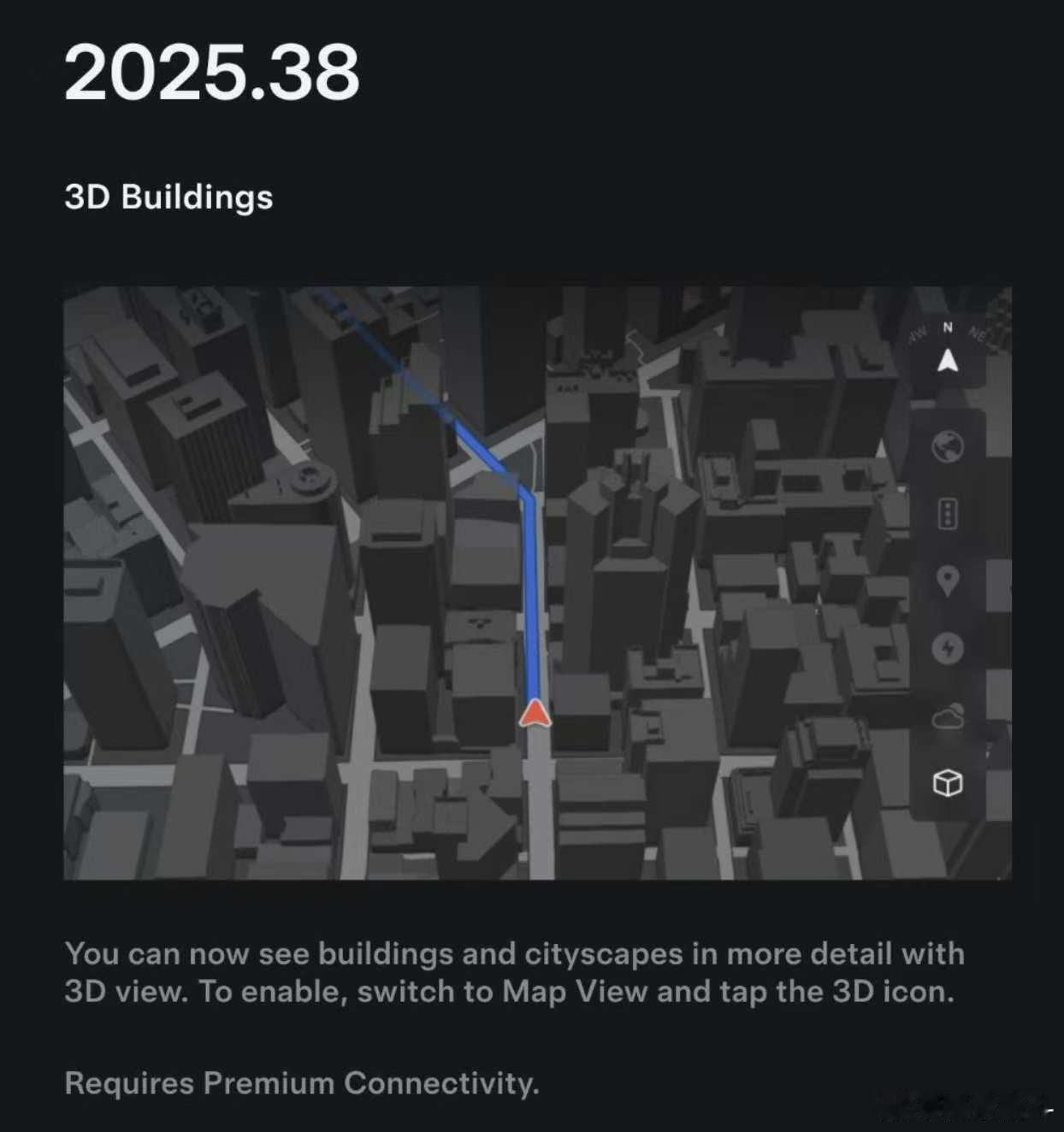 老外的特斯拉要推的这个2025.38有个3D建筑物显示，这个还是挺实用的，看起来