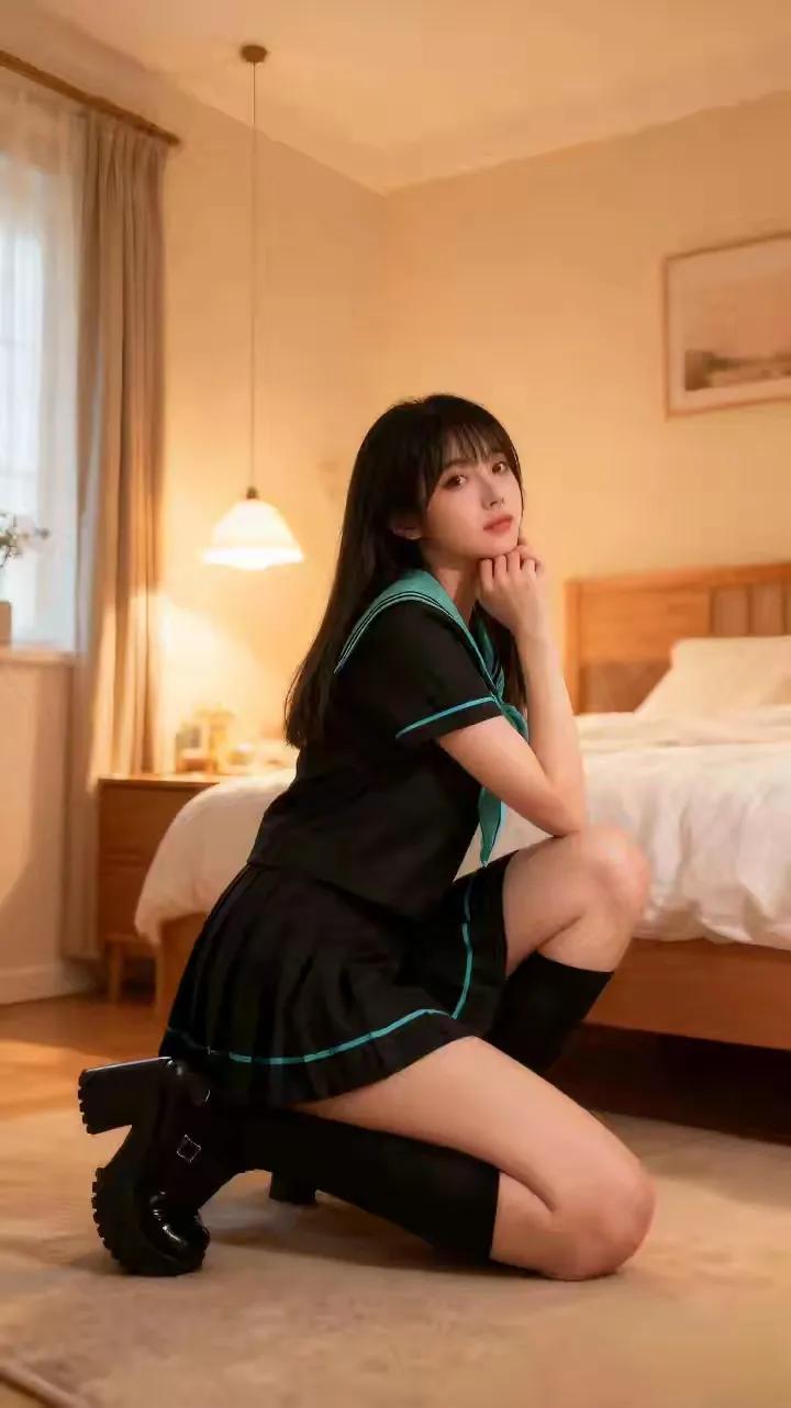 可爱少女心爆棚的日式房间，黑绿校服搭配黑色长靴，少女感十足！💕📸jk风穿搭 