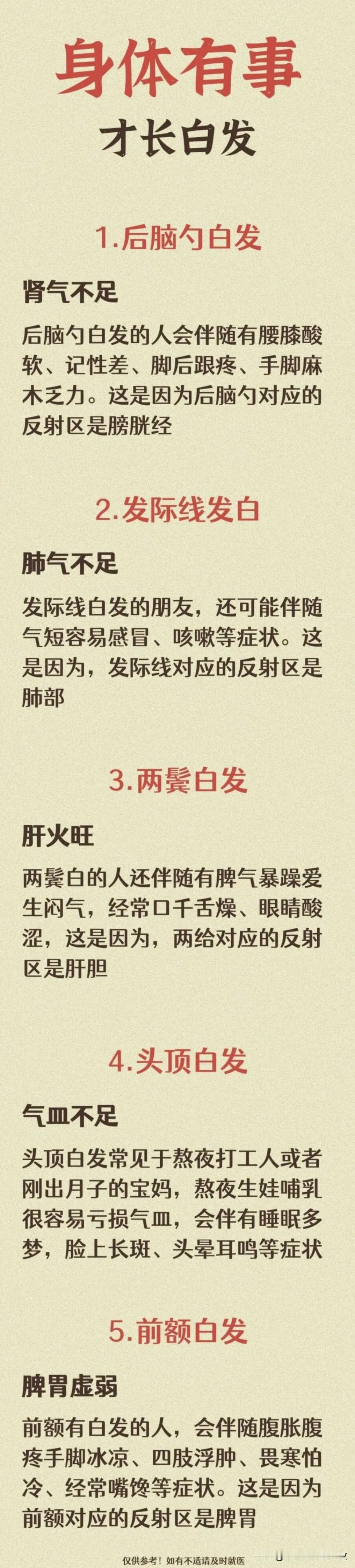 身体有事才长白发
1、后脑勺白发——肾气不足
2、发际线发白——肺气不足
3、两
