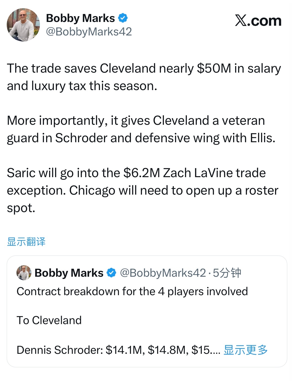 三方交易涉及4名球员合同明细骑士队 得到施罗德：本赛季1410万美元，下赛季14