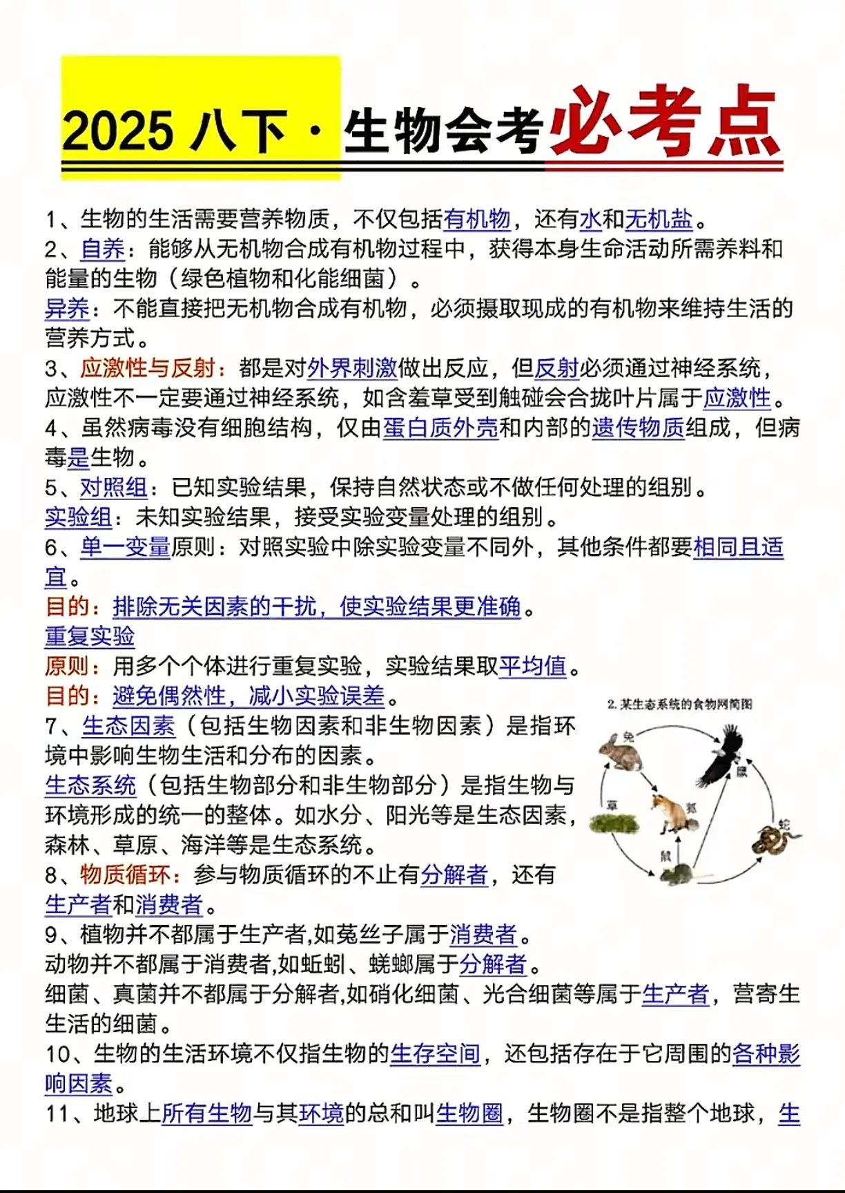 2025八年级下生物会考必考点