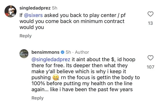 球迷：如果76人队邀请你回去打中锋或大前锋，你会愿意以底薪合同回归吗？本西蒙斯：