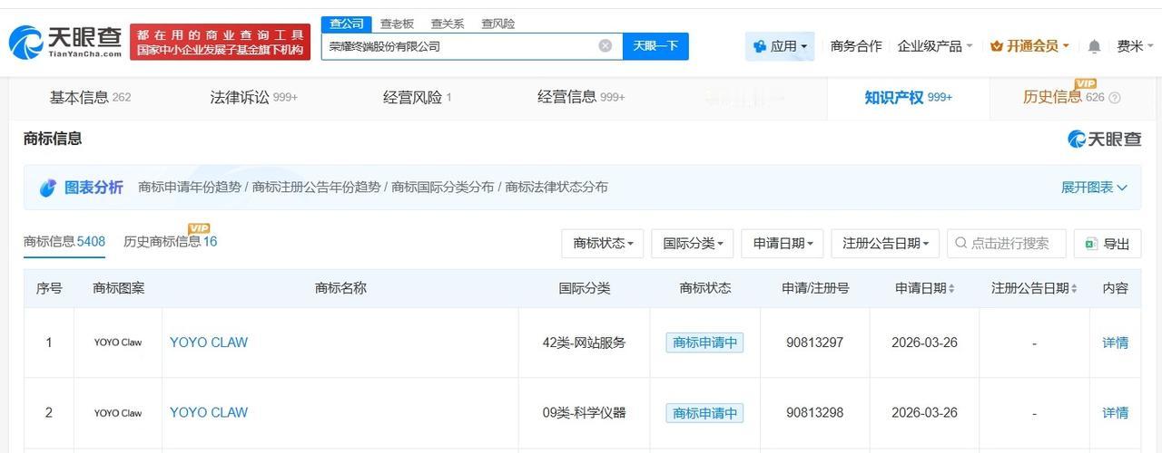 荣耀申请注册YOYO Claw商标

天眼查知识产权信息显示，近日，荣耀终端股份