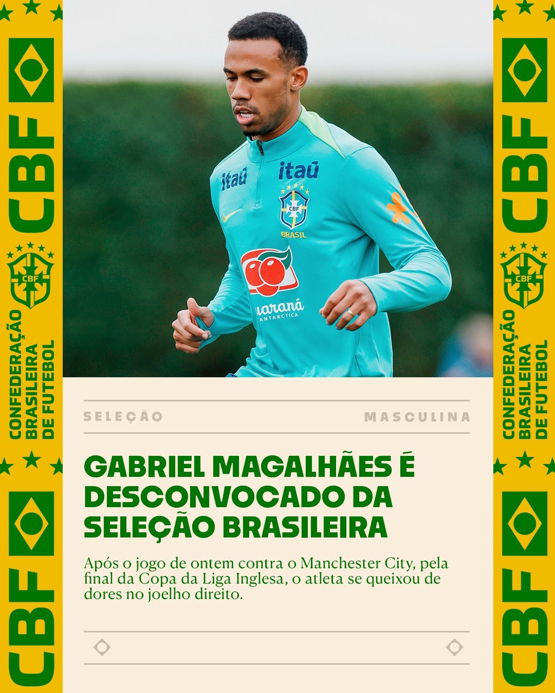 巴西队官方消息，阿森纳后卫加布里埃尔将缺席与法国和克罗地亚的友谊赛。在周日（22