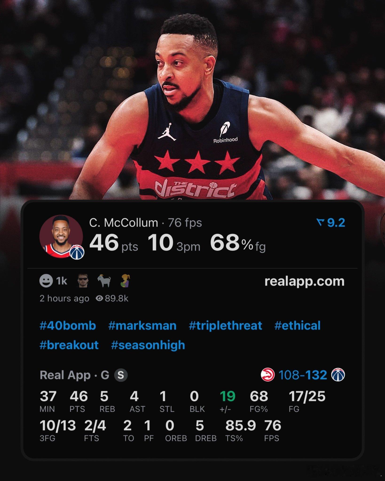 CJ·麦科勒姆目前是NBA历史上单场命中10个以上三分球的场次排名第五。仅次于库