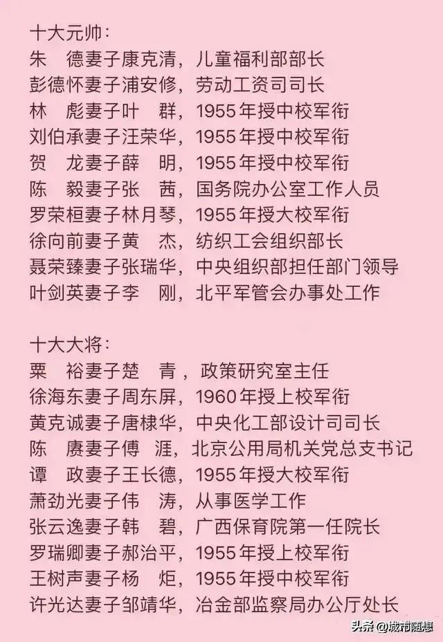 了解“元帅和大将们的妻子”以及她们从事的工作
在十位元帅的妻子中，有四位被授予了