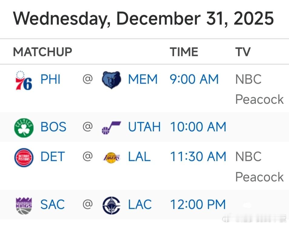 转播调整👀NBA官方宣布，12月31日湖人主场对阵活塞的比赛，将由NBC体育进